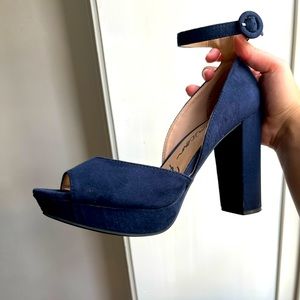 Navy platform peep toe heels